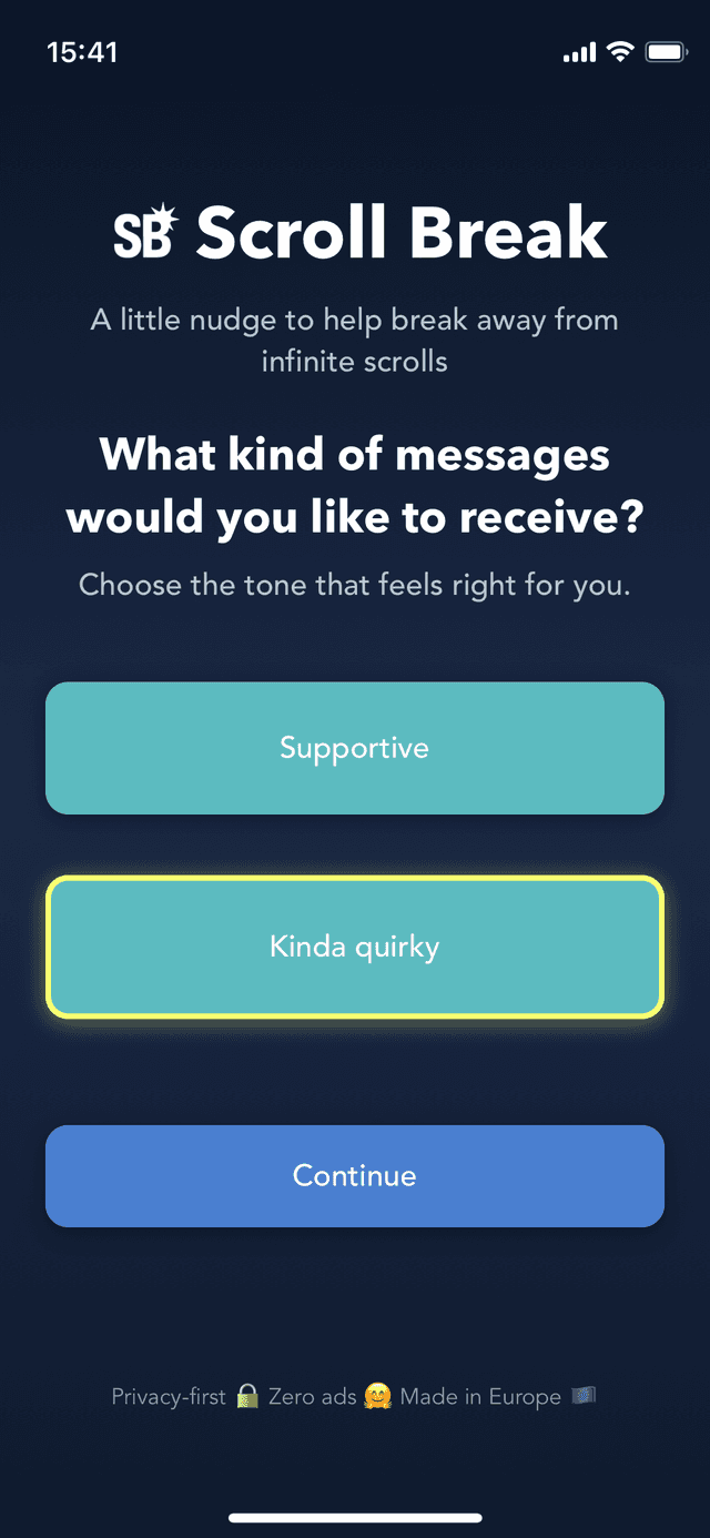 Scroll Break app setup screen