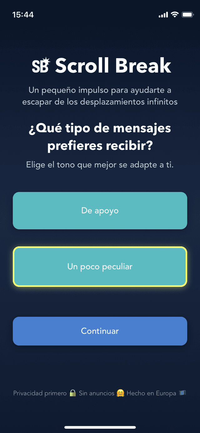 Pantalla de configuración de Scroll Break