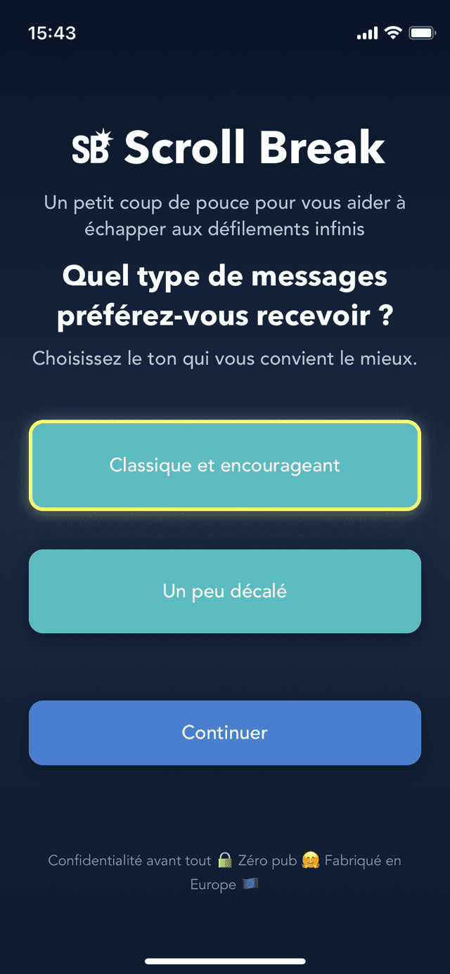 Écran de configuration de Scroll Break
